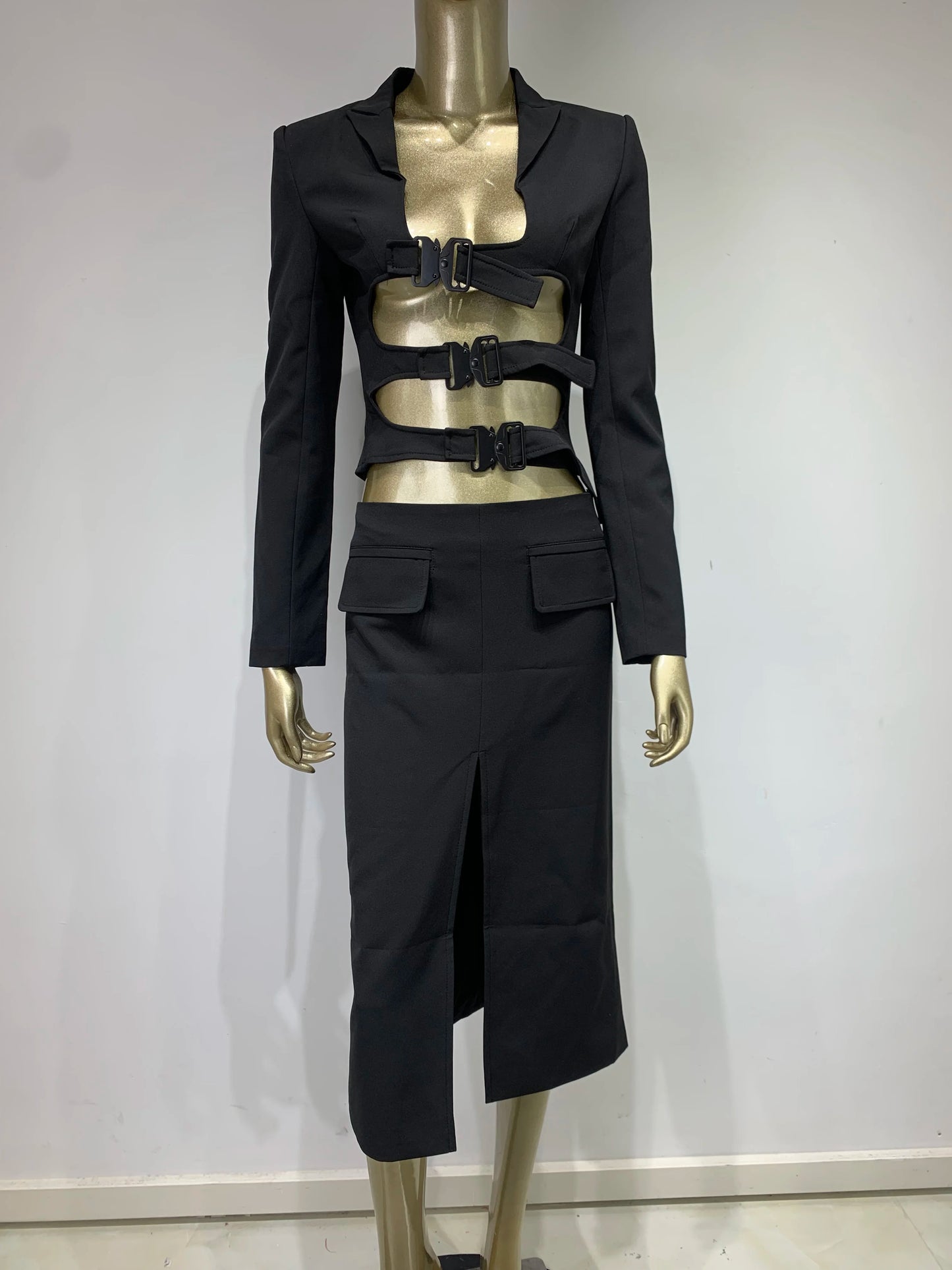 Long Sleeve Buckle Detail Midi Coat Dress Black HV9939