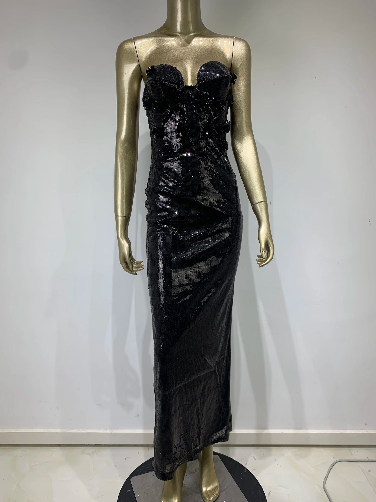 Strapless Bustier Detail Sequin Maxi Dress Black HV9722