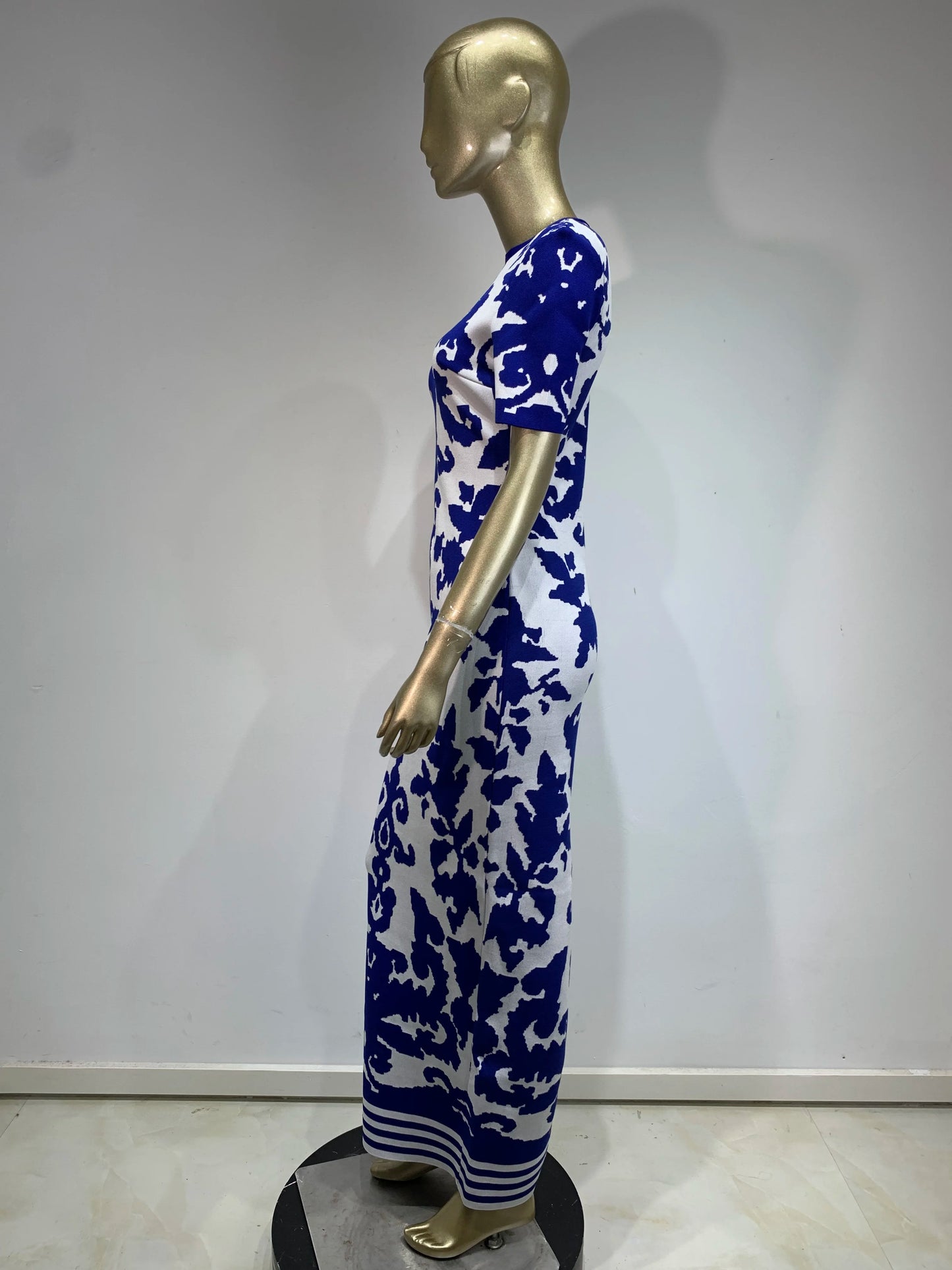 Short Sleeve Printed Maxi Dress Blue White HV1737