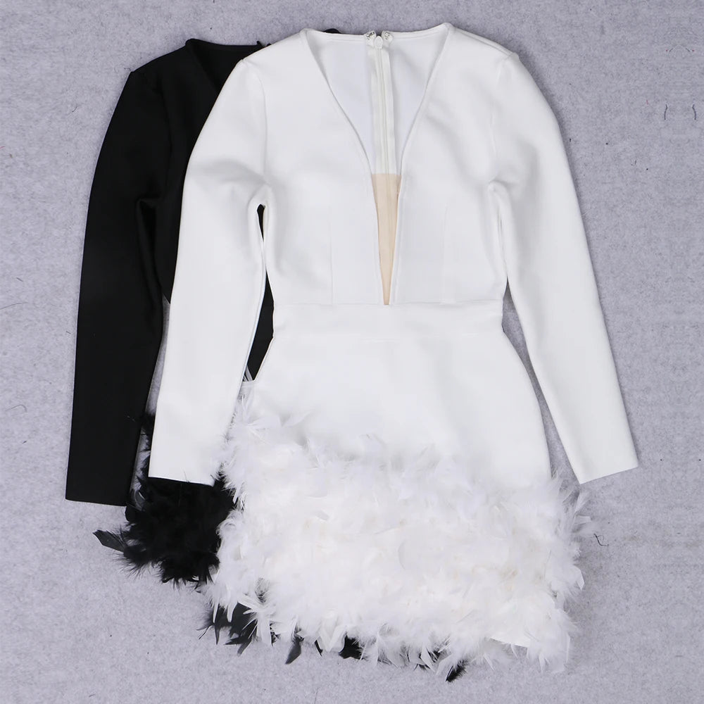 Long Sleeve Rhinestone Feather Dress HV9215
