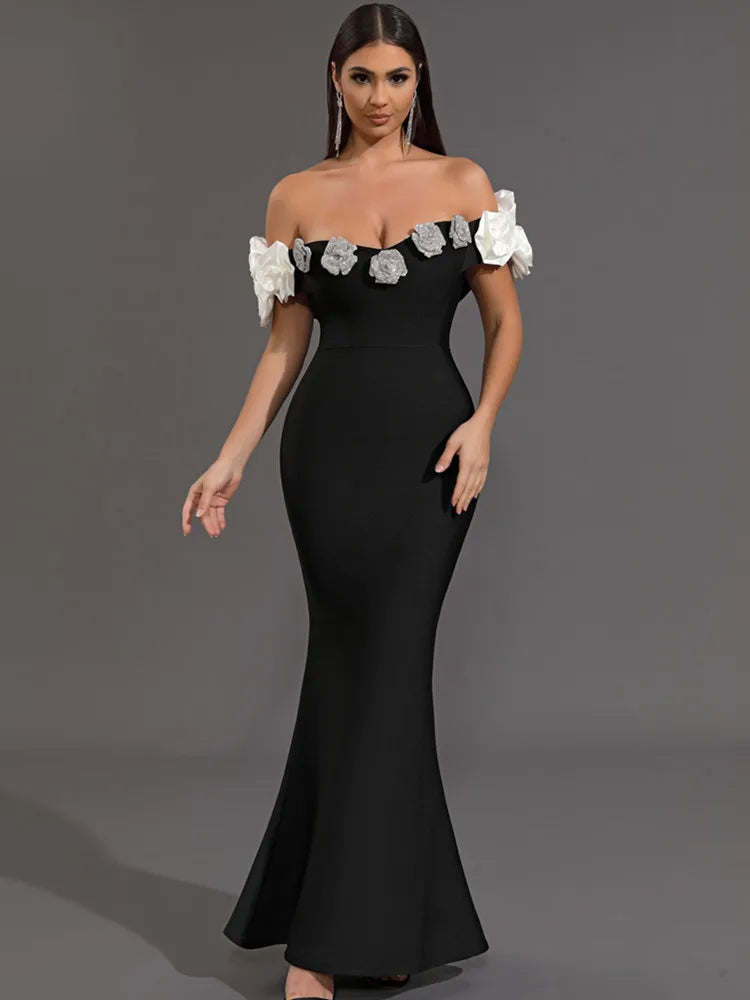 Floral Bardot Maxi Dress Black White HV1469
