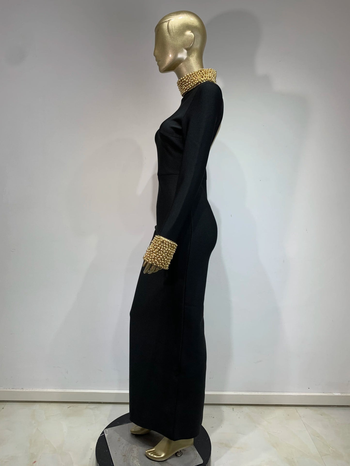 Long Sleeve Embellished Backless Maxi Dress Black HV1739