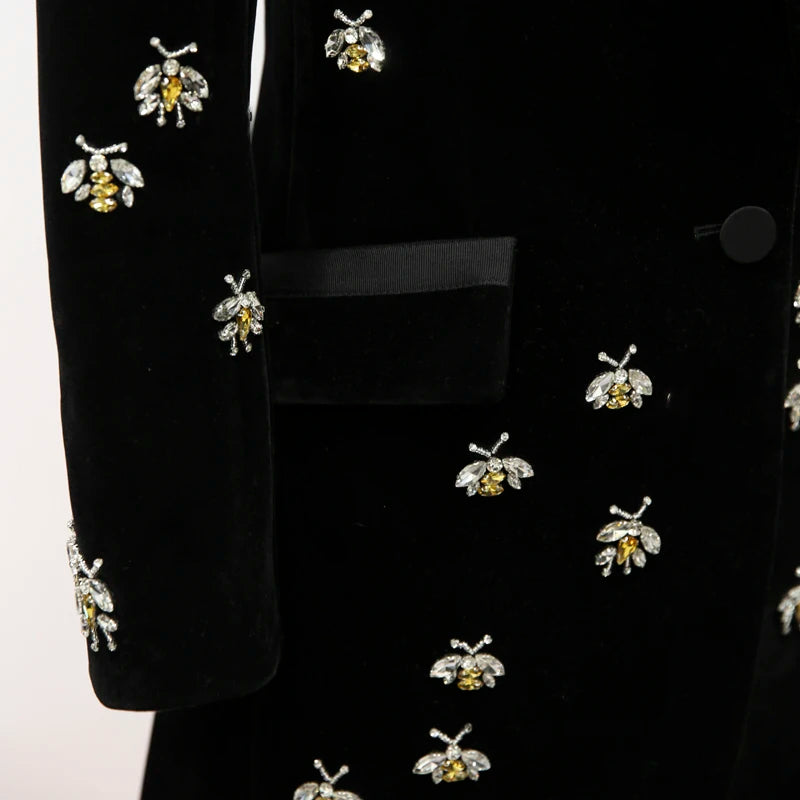 Long Sleeve Crystal Bee Velvet Blazer Black