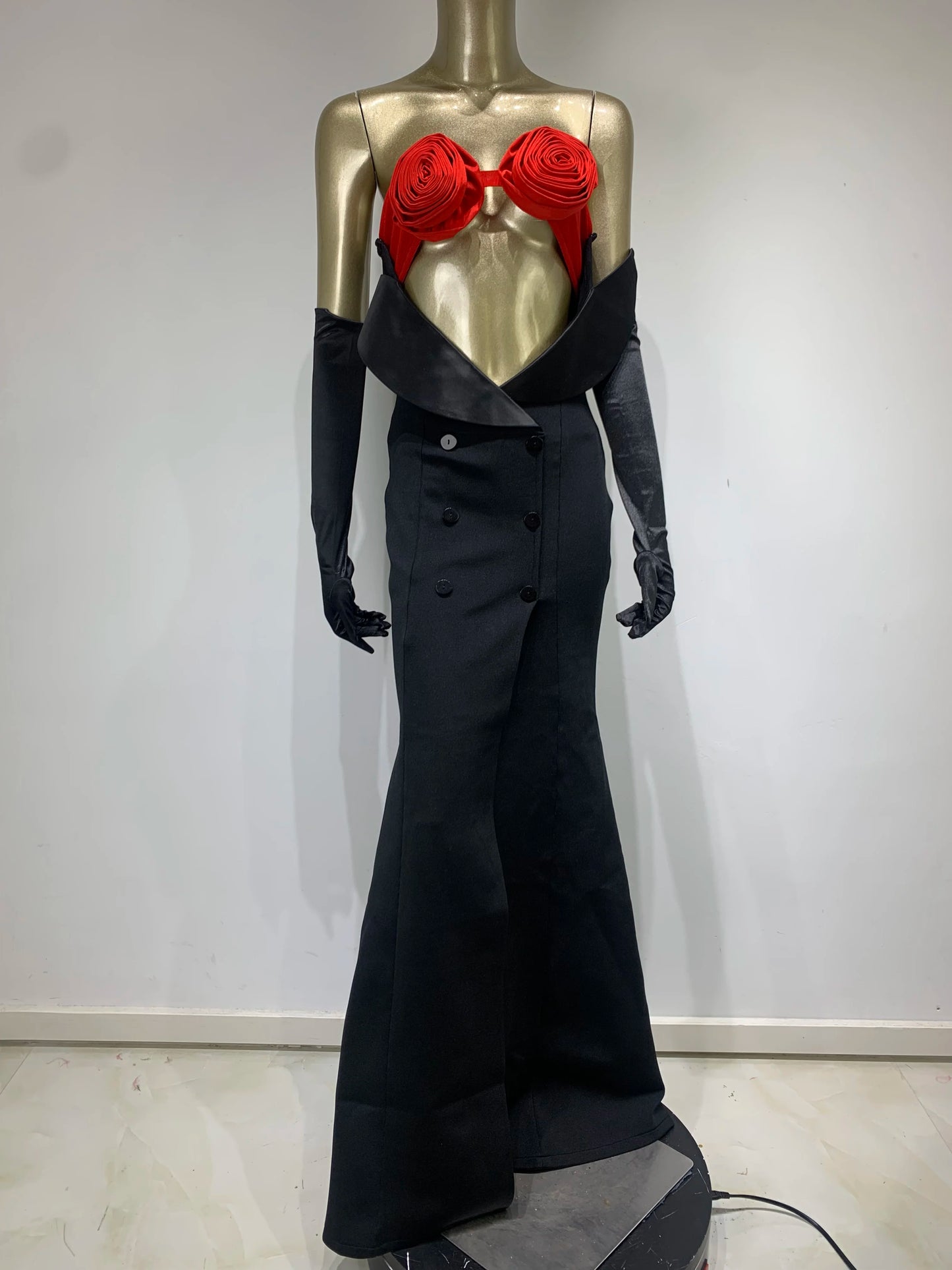 Rose Bustier Mermaid Maxi Dress Black Red HV9744