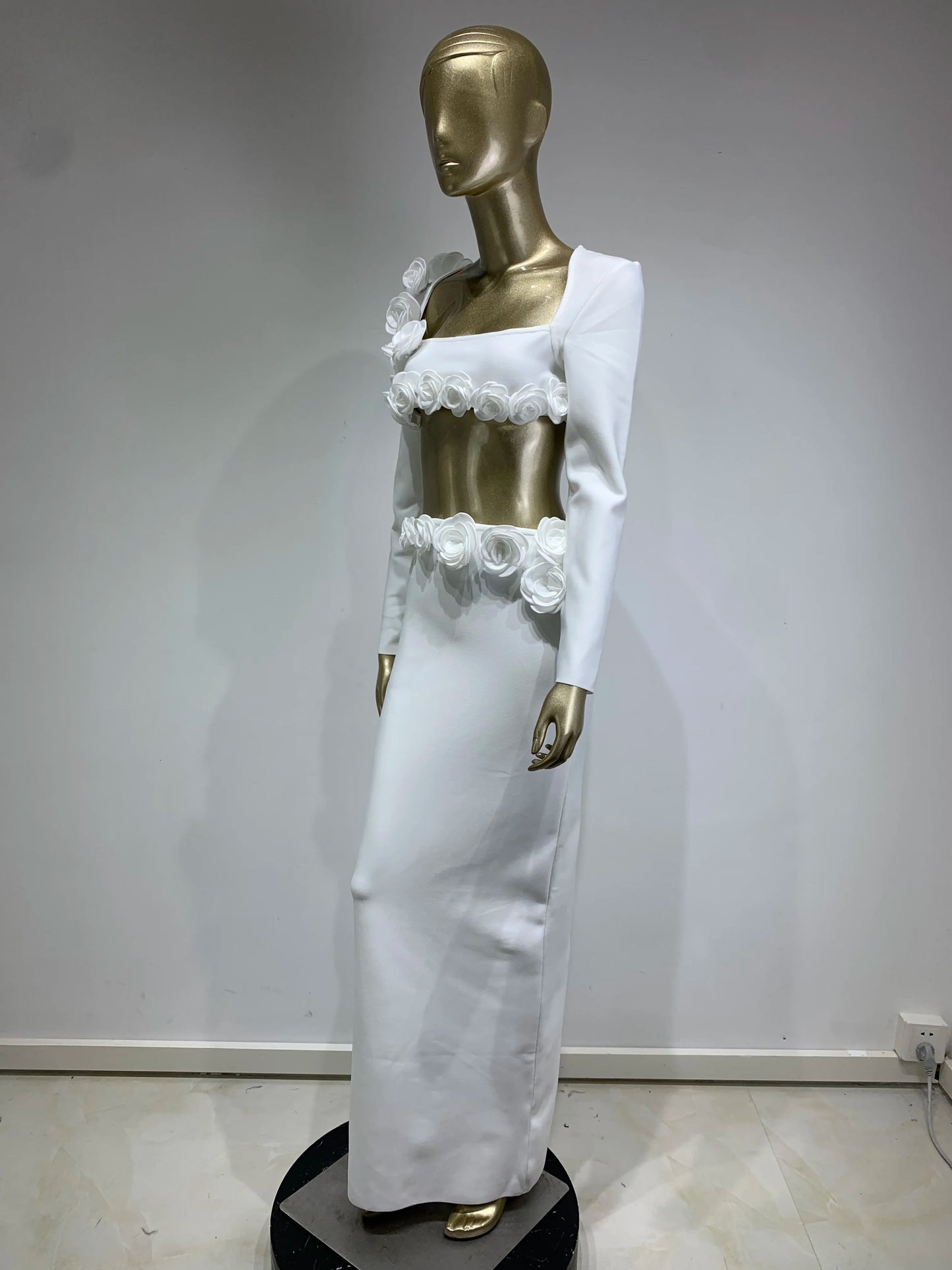 Long Sleeve Flower Detail Two Piece Maxi Dress White HV1155