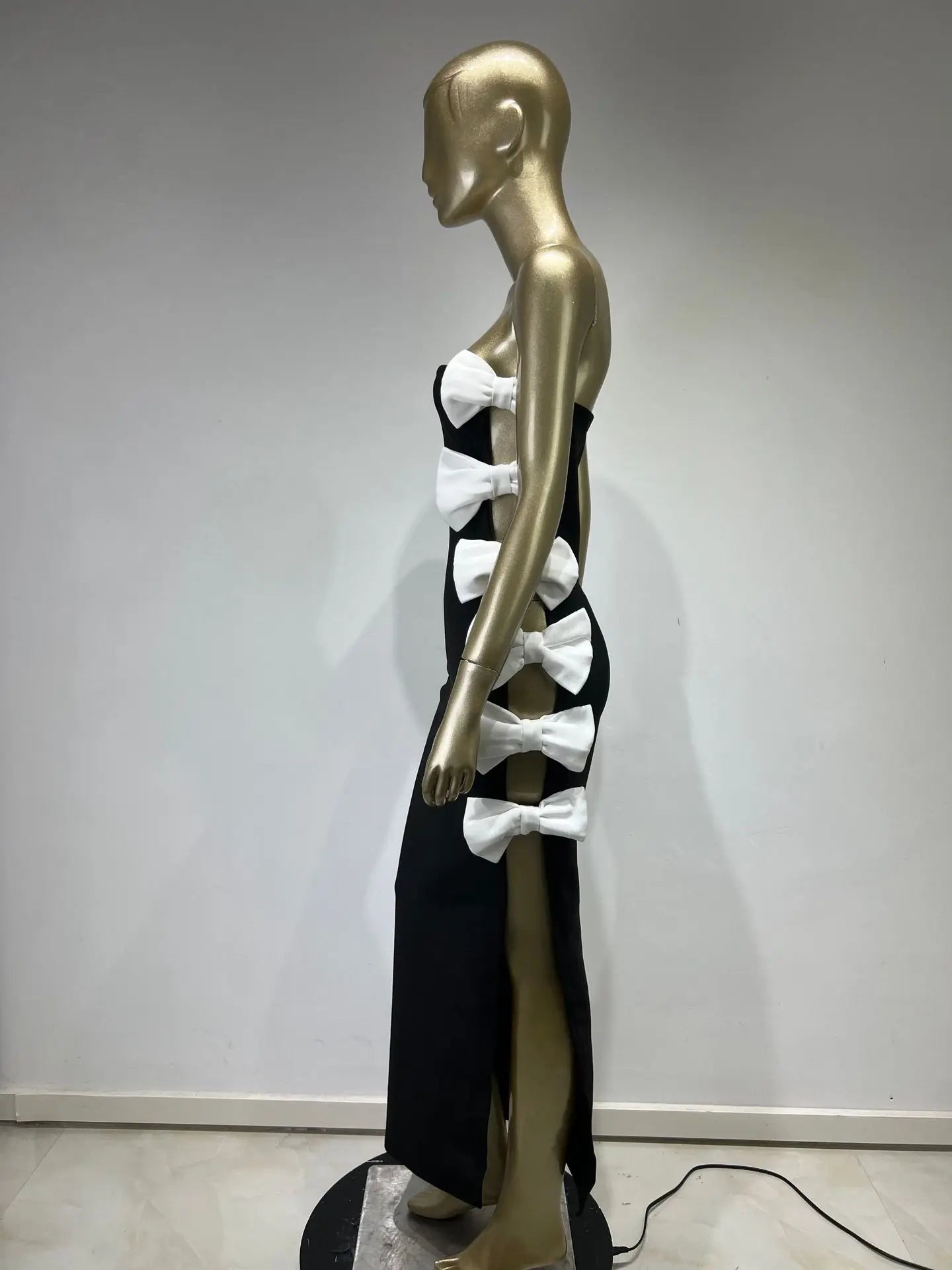 Strapless Bow Detail Maxi Velvet Dress Black White HV1944