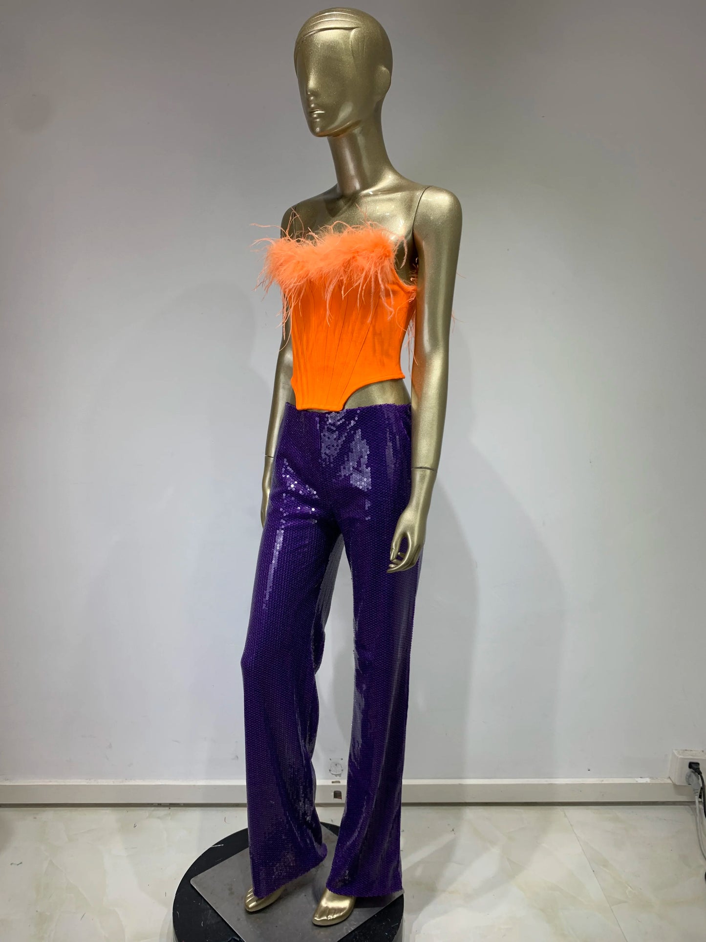 Strapless Feather Two Piece Jumpsuit Orange Purple HV9937