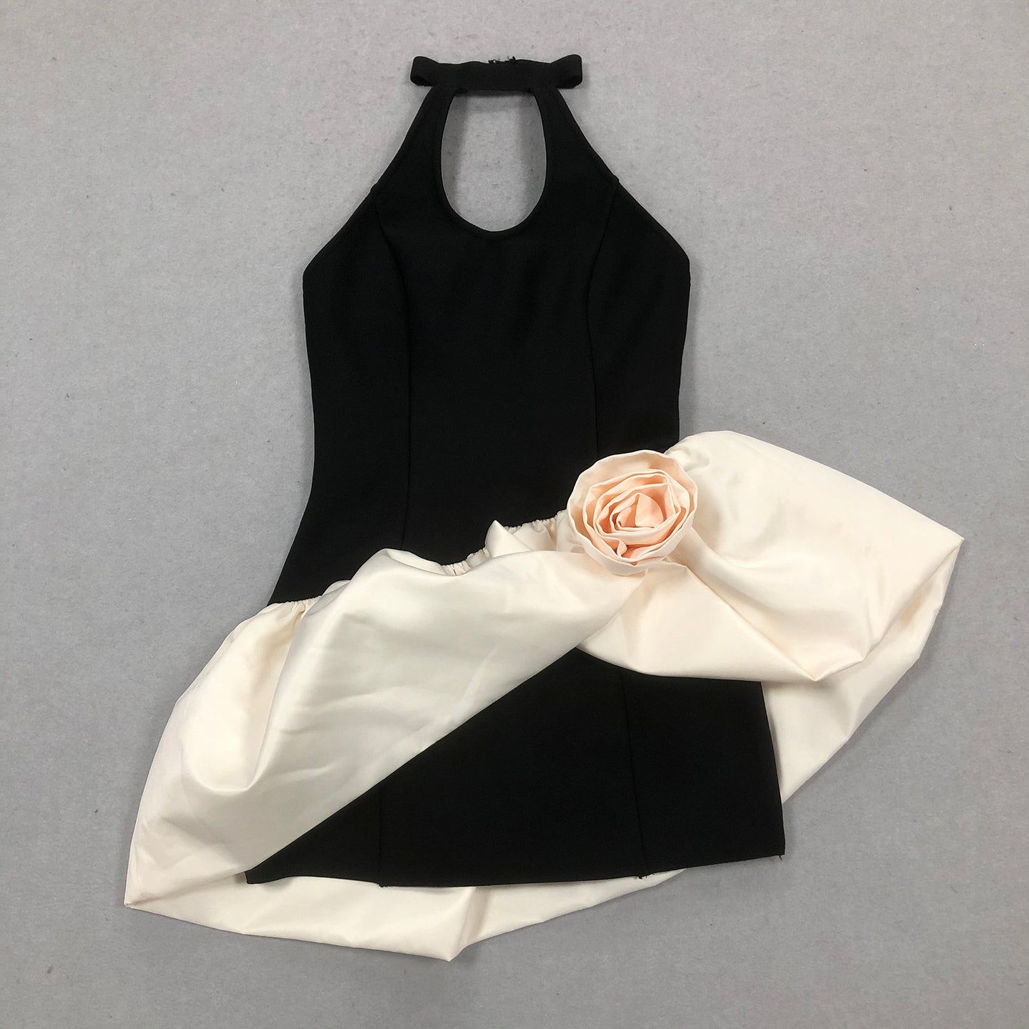 Halter Floral Puff Dress Black Ivory HV2164