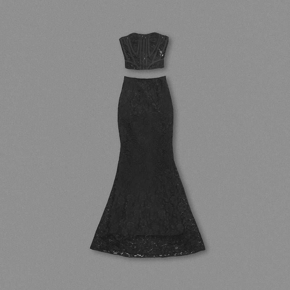 Strapless Lace Corset Two Piece Maxi Dress Black HV1056