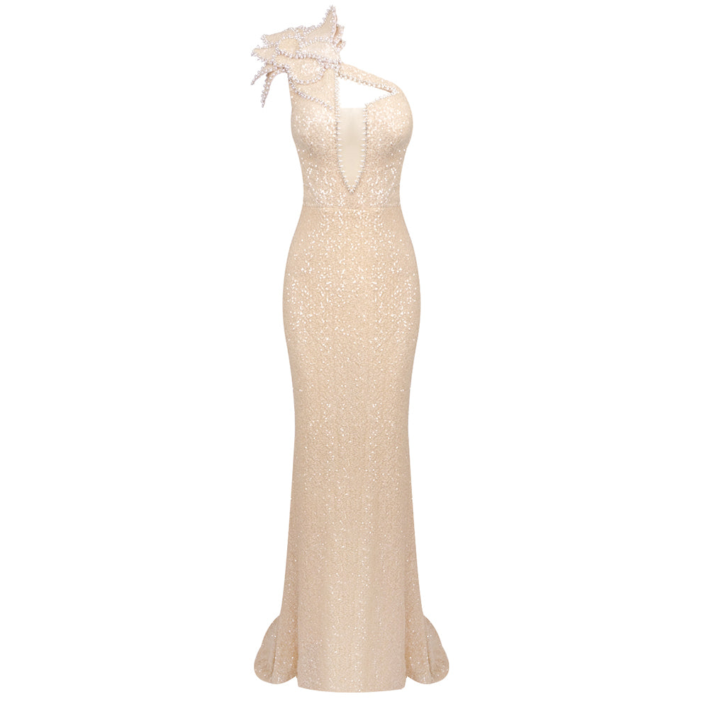 One Shoulder Pearl Sequin Maxi Dress Nude HV1782