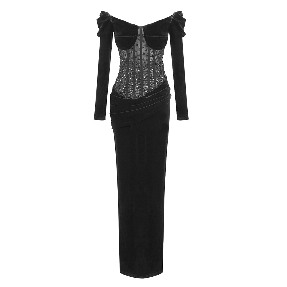 Long Sleeve Crystal Corset Maxi Velvet Dress HV1403
