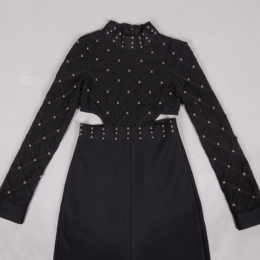 Long Sleeve Studded Mesh Jumpsuit Black