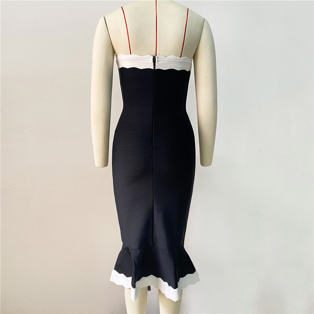 Strapless Scalloped Fluted Midi Dress Black White HV1334