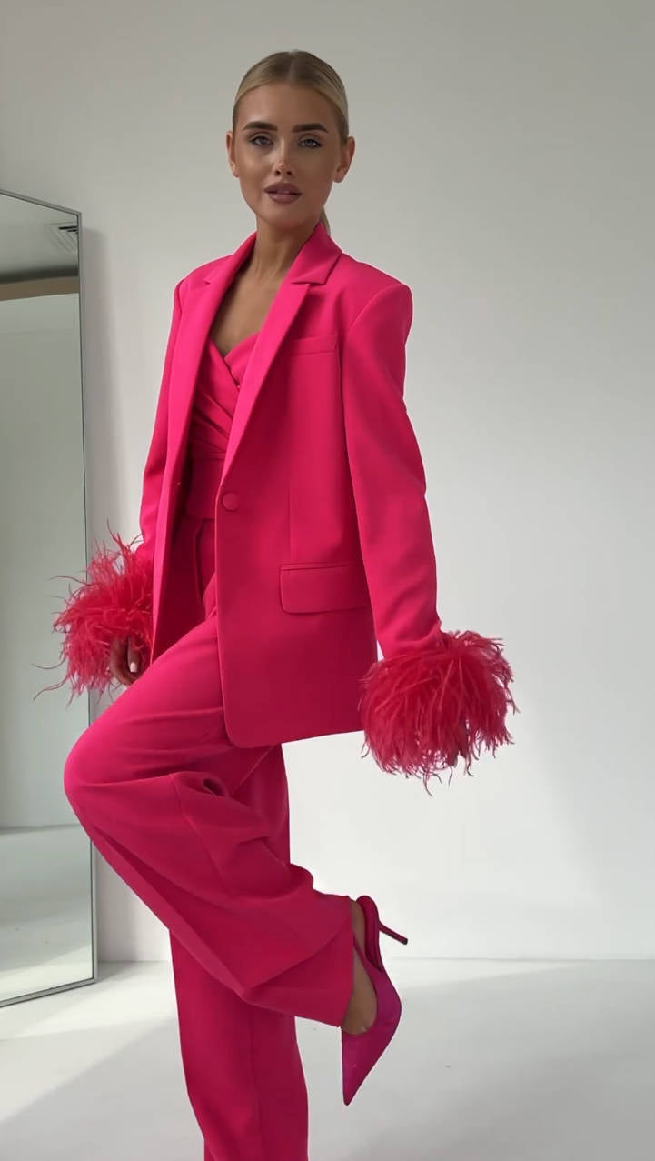 Long Sleeve Feather Detail Suit Hot Pink HV1267