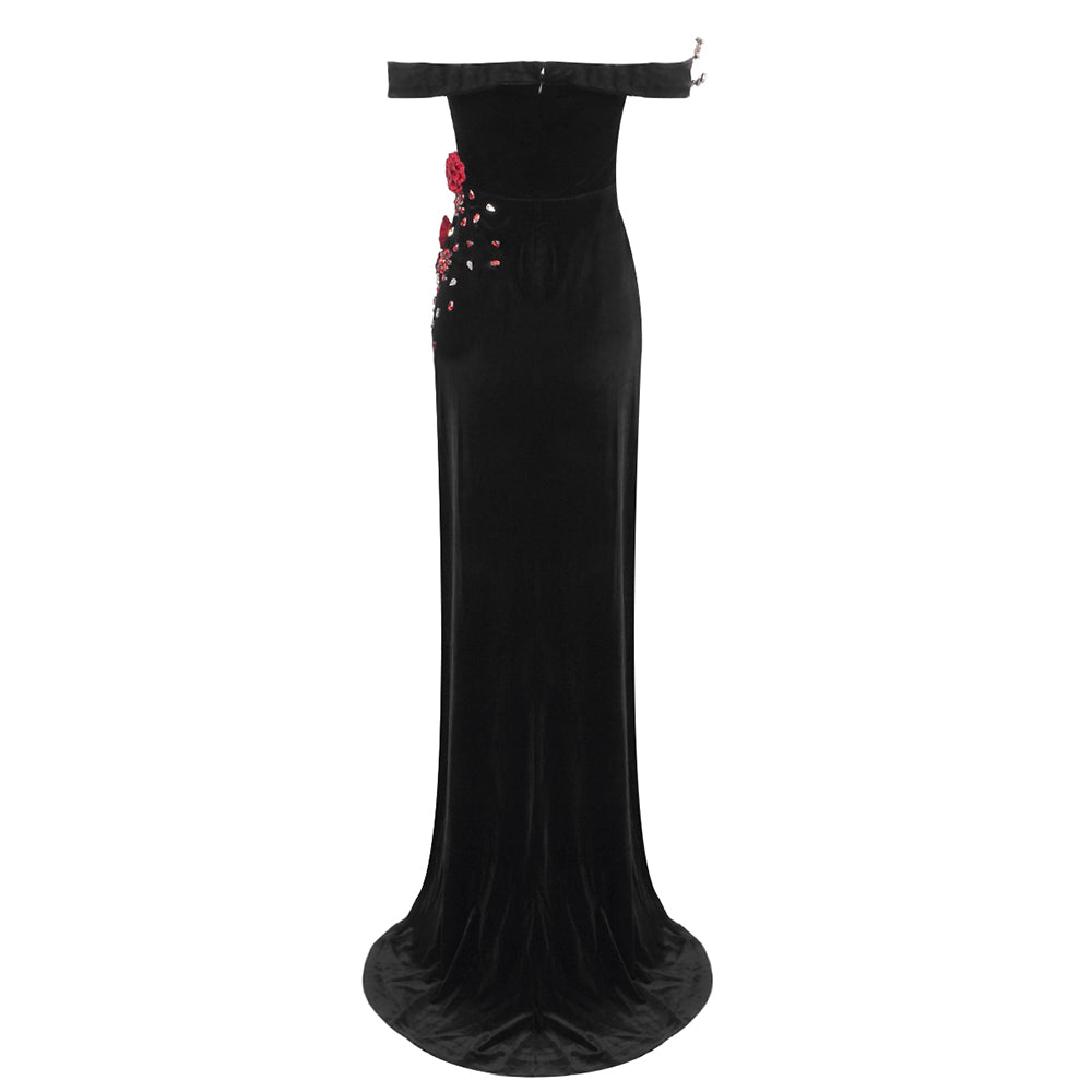 Floral Crystal Bardot Maxi Velvet Dress Black Red HV1831
