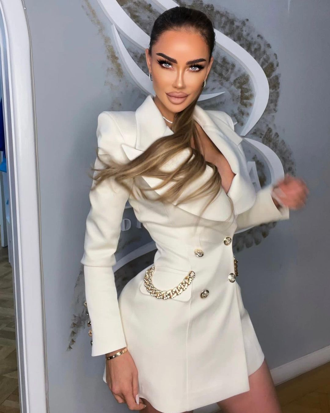 Long Sleeve Embellished Blazer Dress White