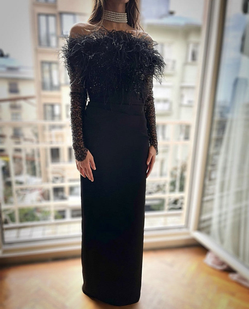 Long Sleeve Feather Sequin Maxi Dress Black HV1117