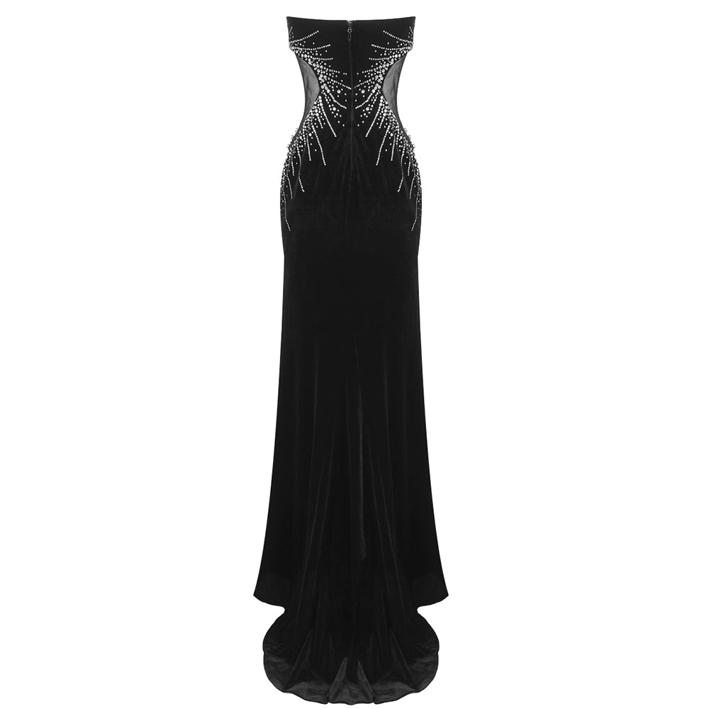 Strapless Crystal Mesh Maxi Dress Black HV1726