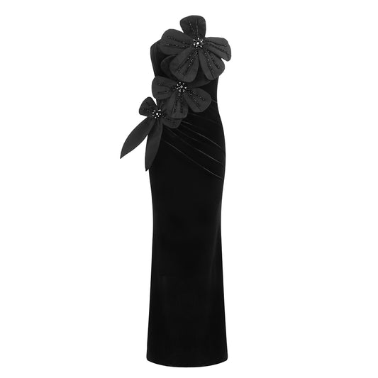 Strapless Floral Detail Maxi Velvet Dress Black HV2083