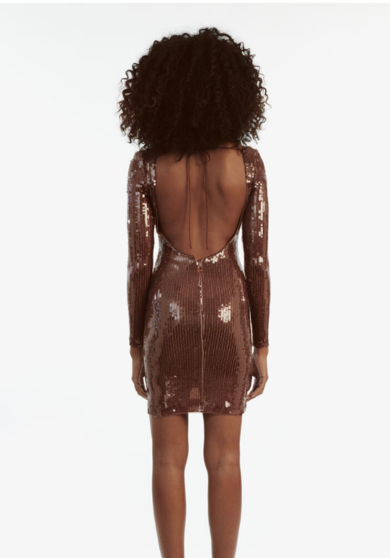 Long Sleeve Sequin Backless Dress Brown