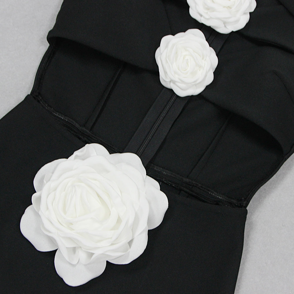 Floral Detail Midi Dress Black White HV1398