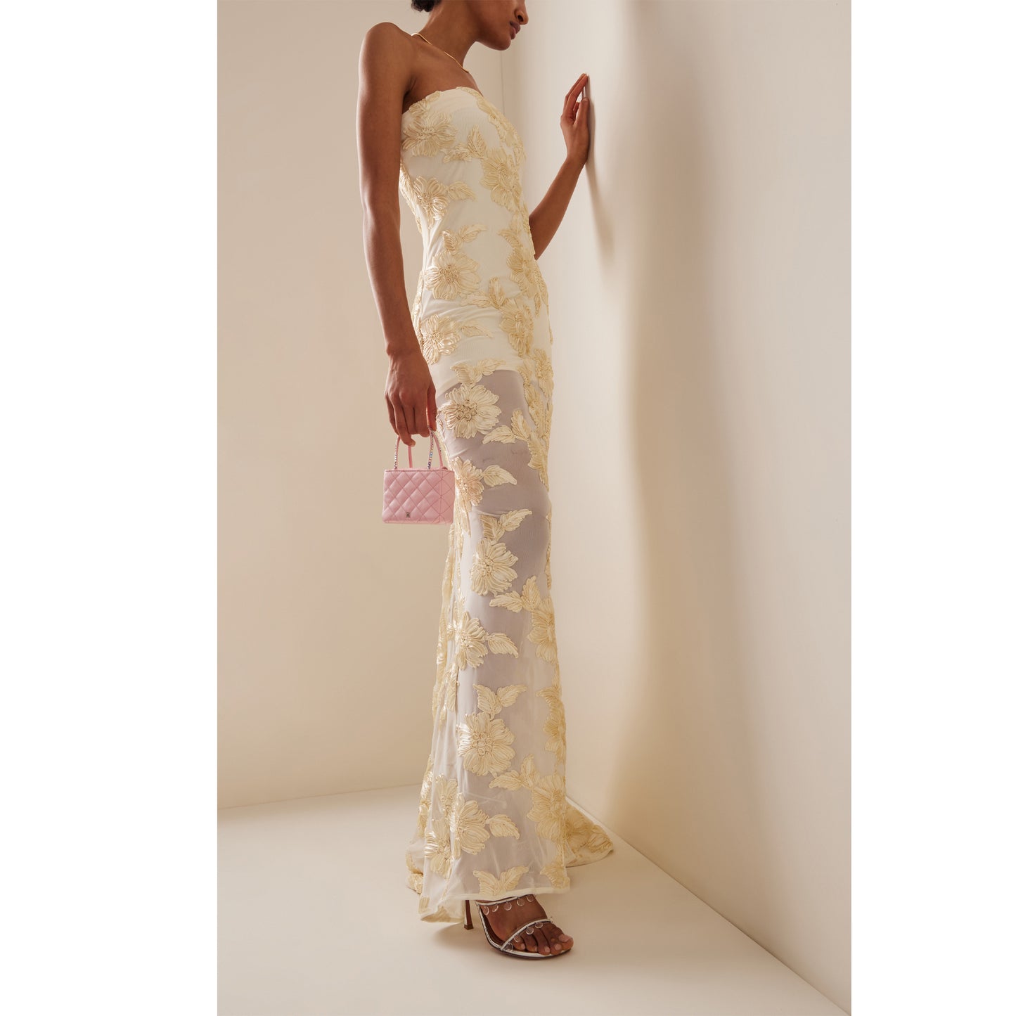 Strapless Floral Tail Maxi Dress Ivory HV1408