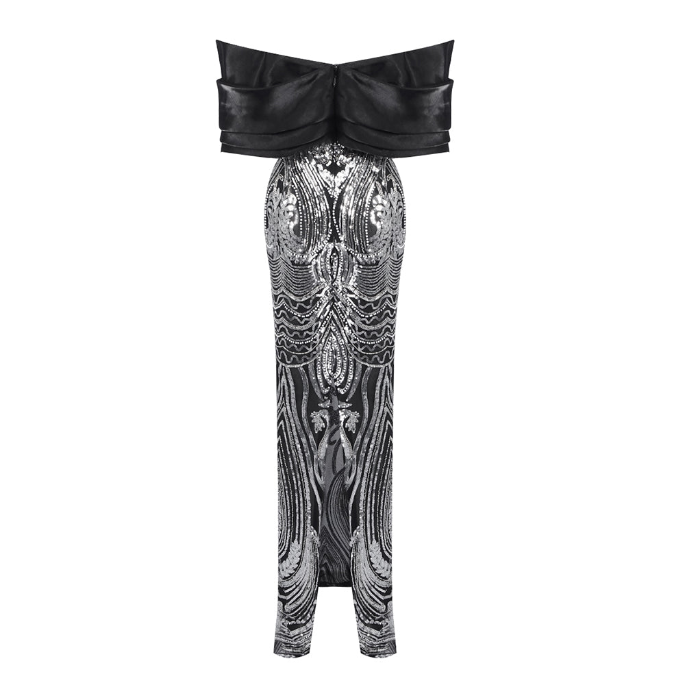 Draped Bardot Sequin Maxi Dress Black HV2052