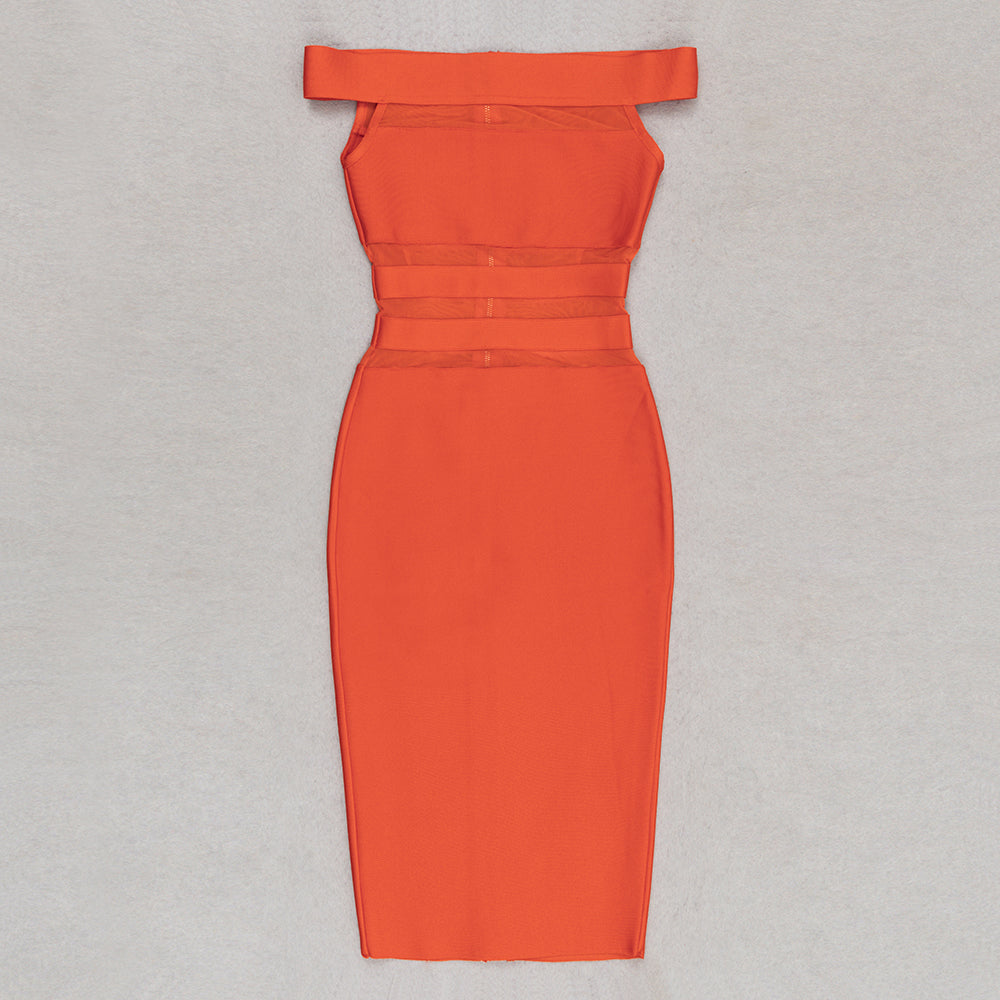 Off Shoulder Mesh Insert Midi Dress Orange HV9412