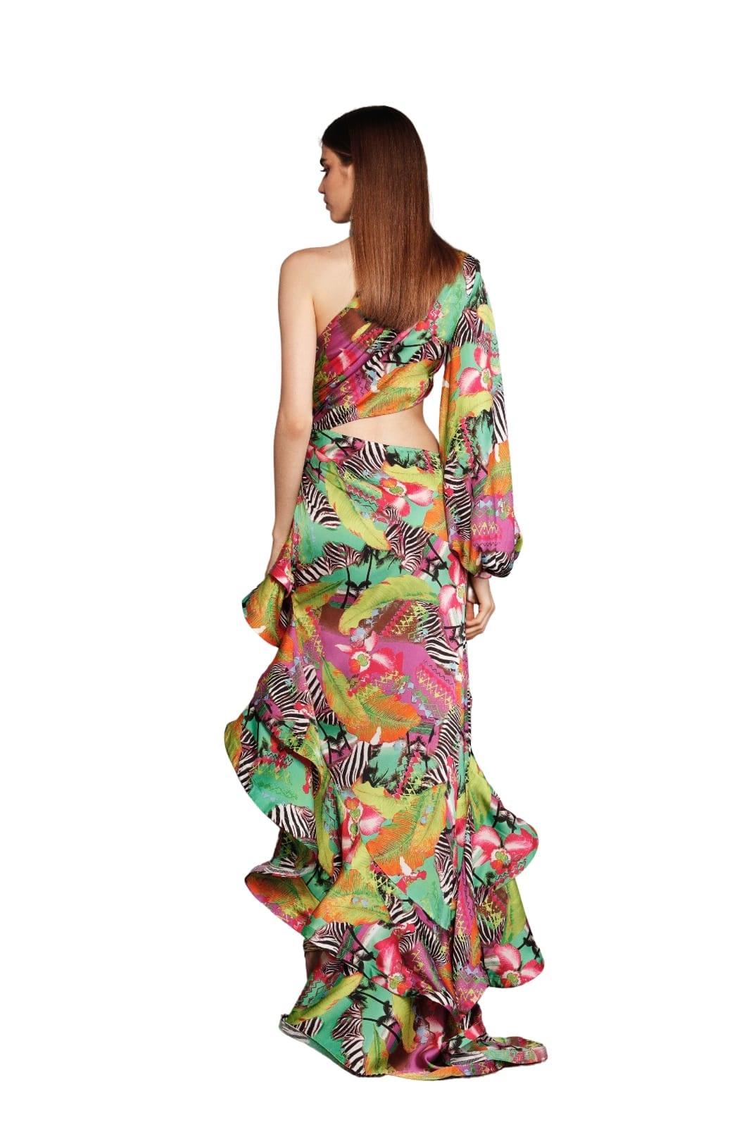One Sleeve Floral Ruffle Maxi Dress Hot Pink Lime HV1389