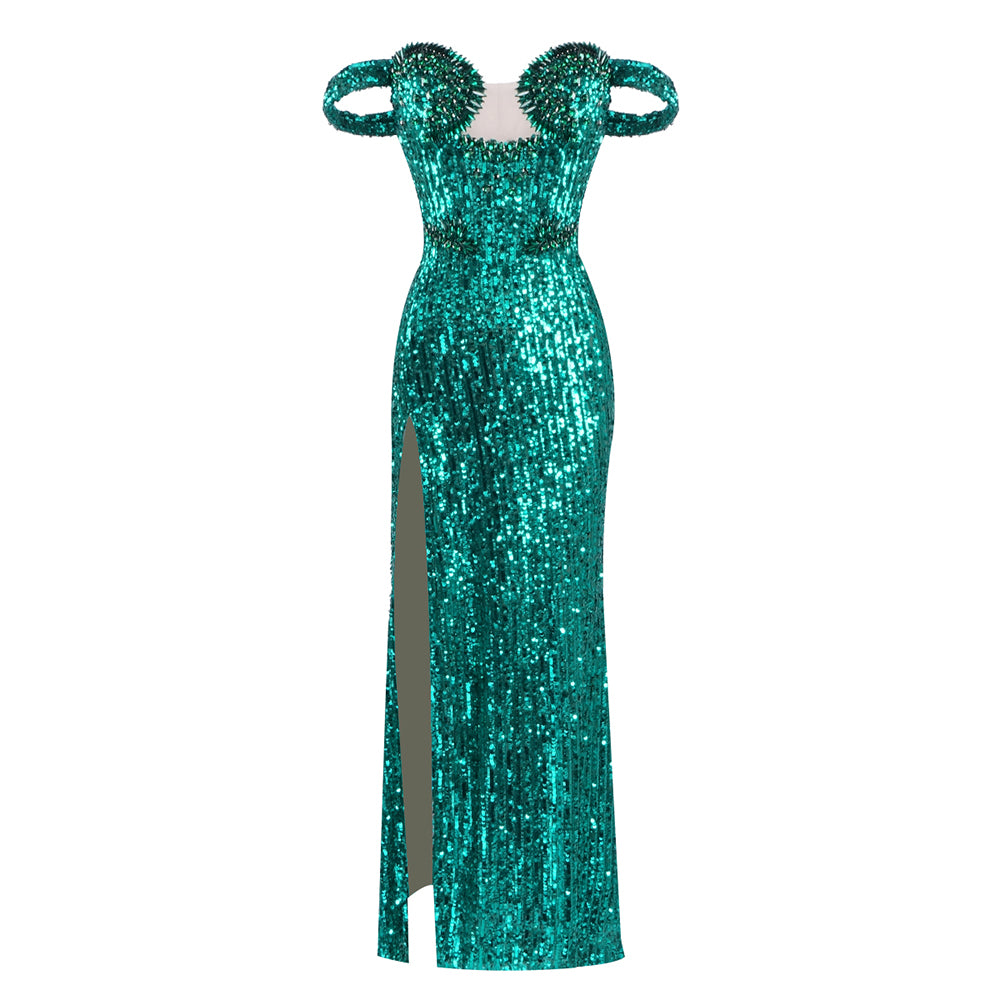 Bardot Bustier Sequin Maxi Dress Green HV2131