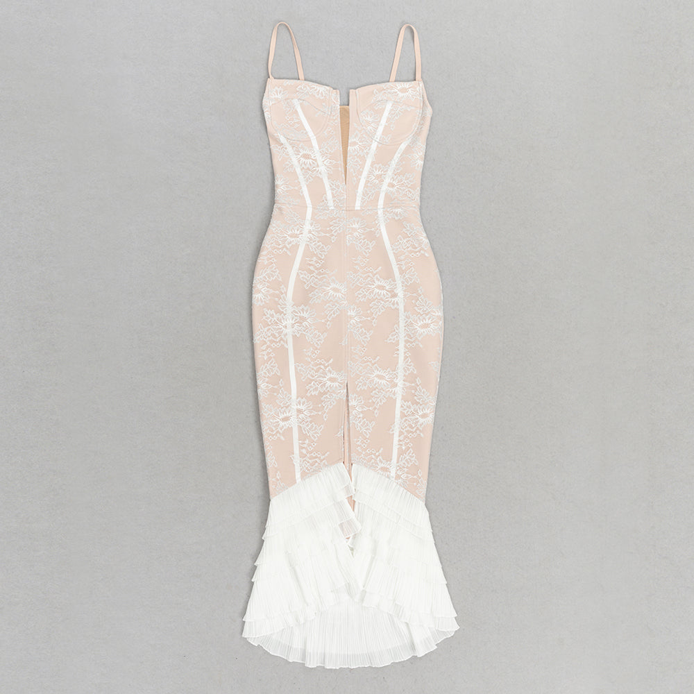 Lace Bustier Ruffle Midi Dress White Nude HV9524