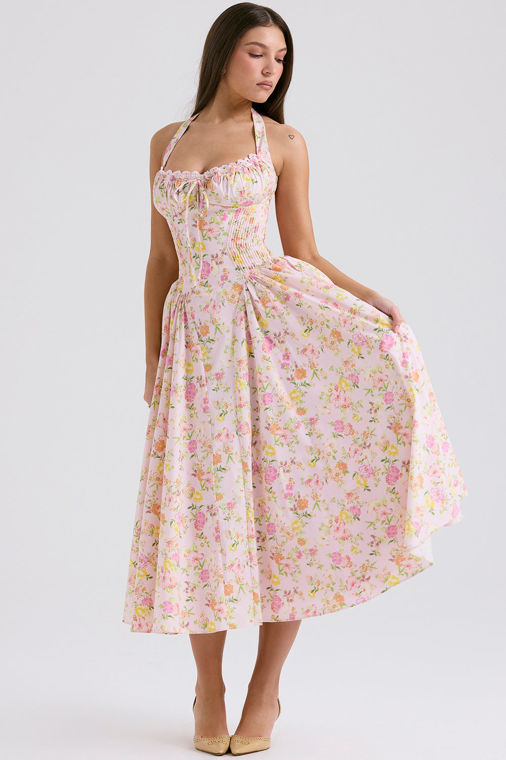 Halter Lace Bustier A Line Midi Dress Floral Pink HV1289