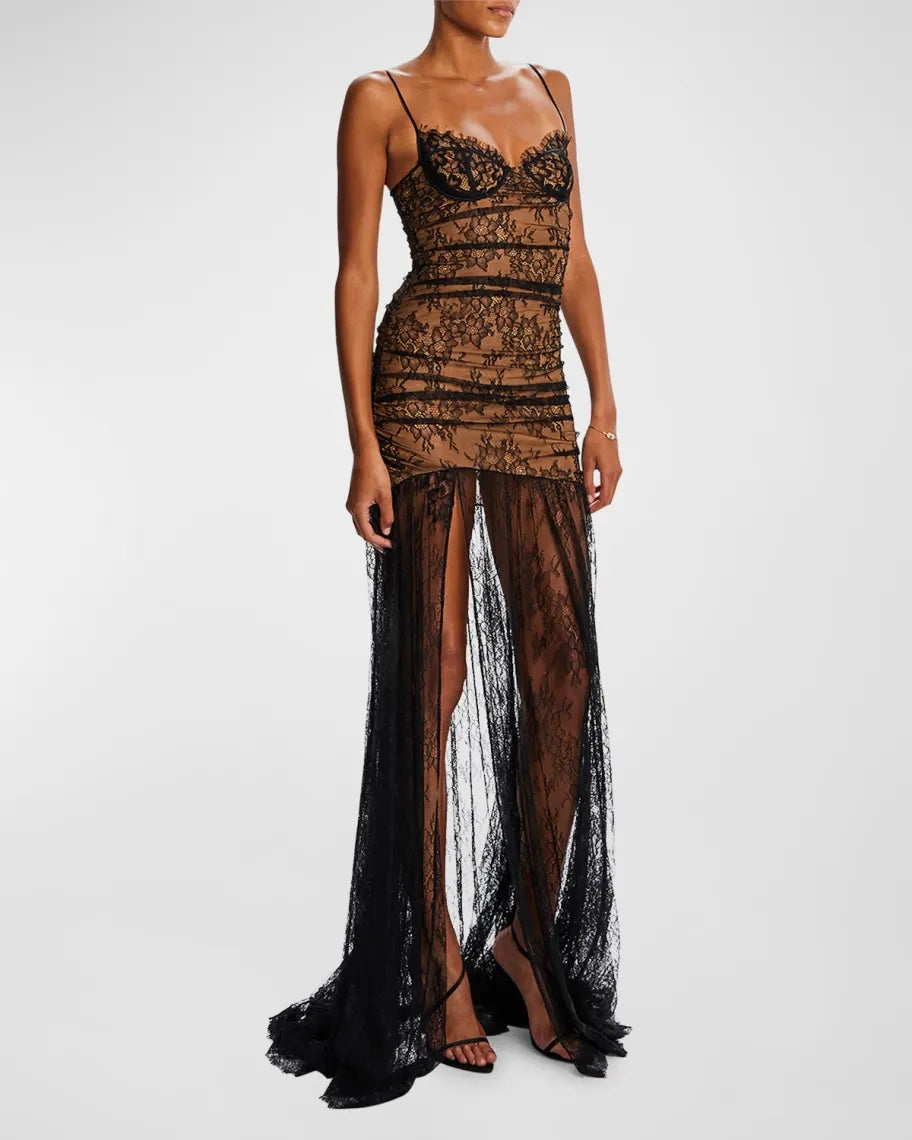 Lace Corset A Line Maxi Dress Black Nude HV1766