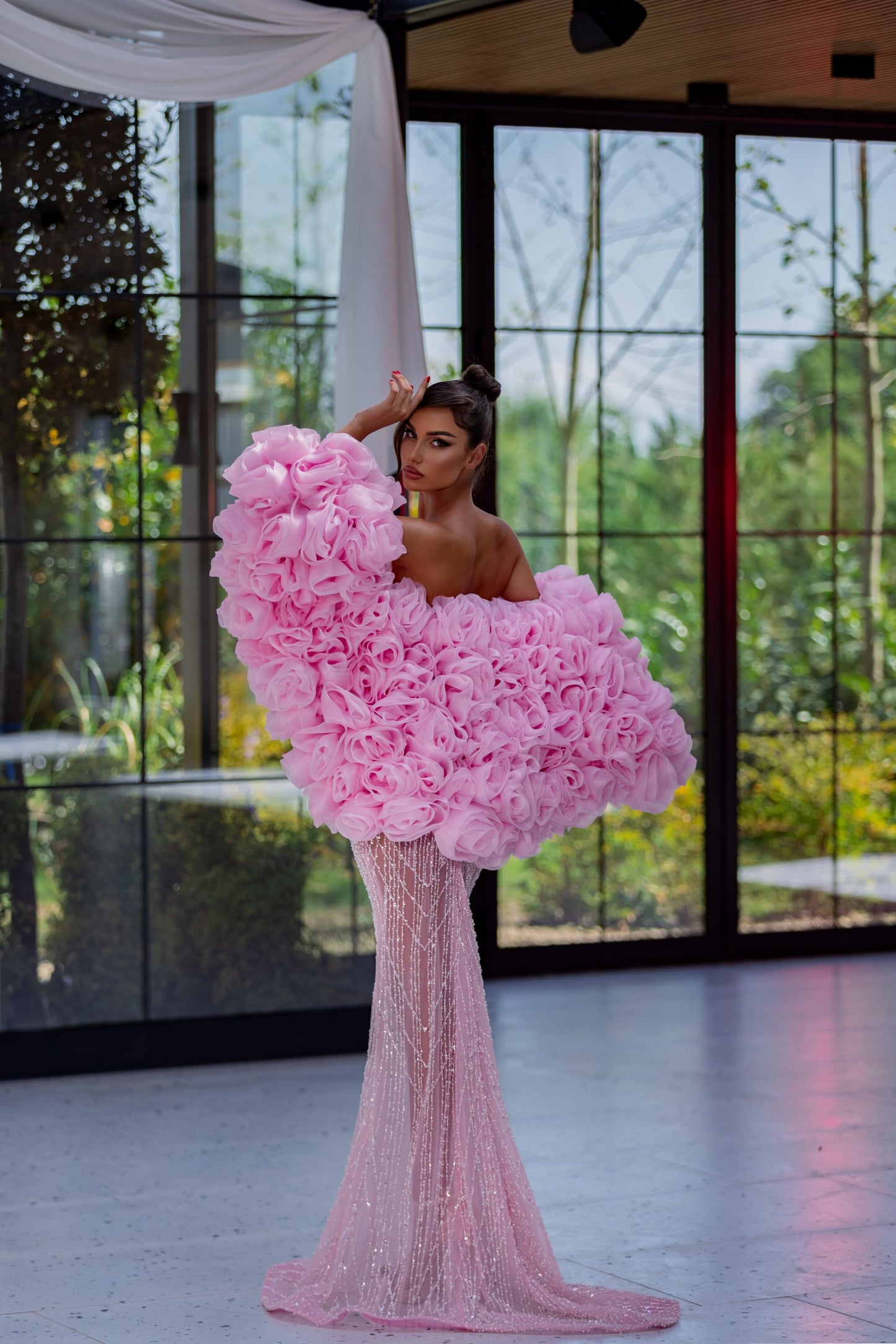 Strapless Crystal Bustier Sequin Maxi Dress Pink HV2017