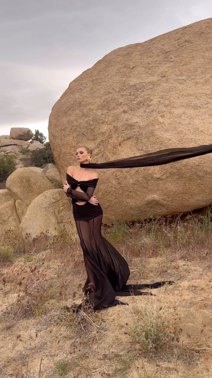 Long Sleeve Bardot Draped Mesh Maxi Dress Black HV1647