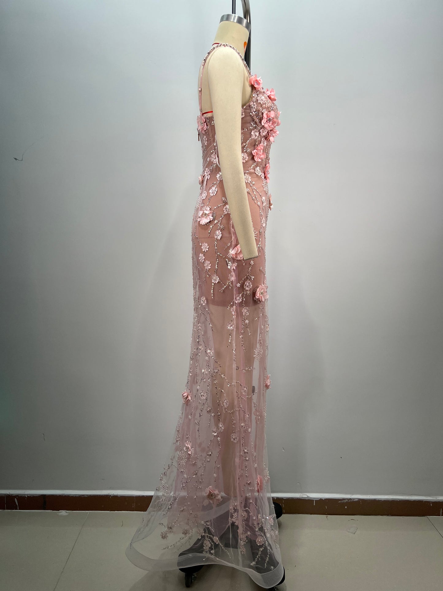 Long Sleeve Floral Sequin Maxi Dress Silver HV1784