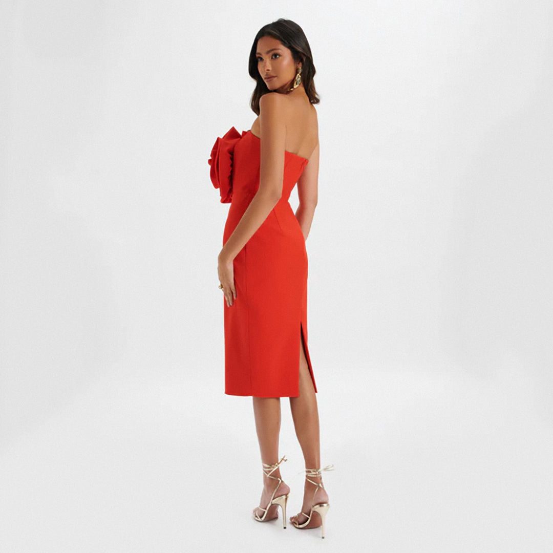 Strapless Flower Detail Midi Dress Red HV1587