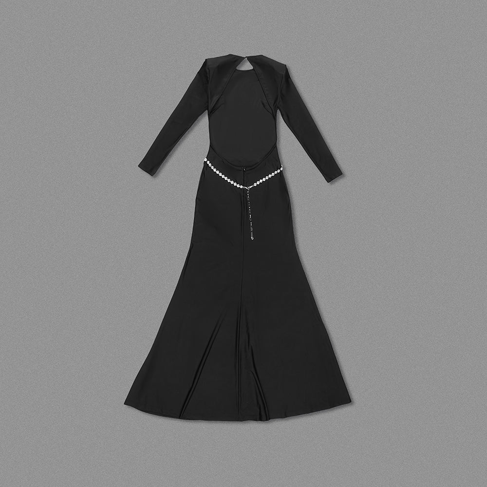 Long Sleeve Crystal Belt Maxi Dress Black HV9973