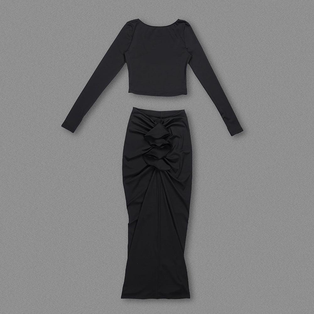 Long Sleeve Ruffle Two Piece Maxi Dress Black HV1050
