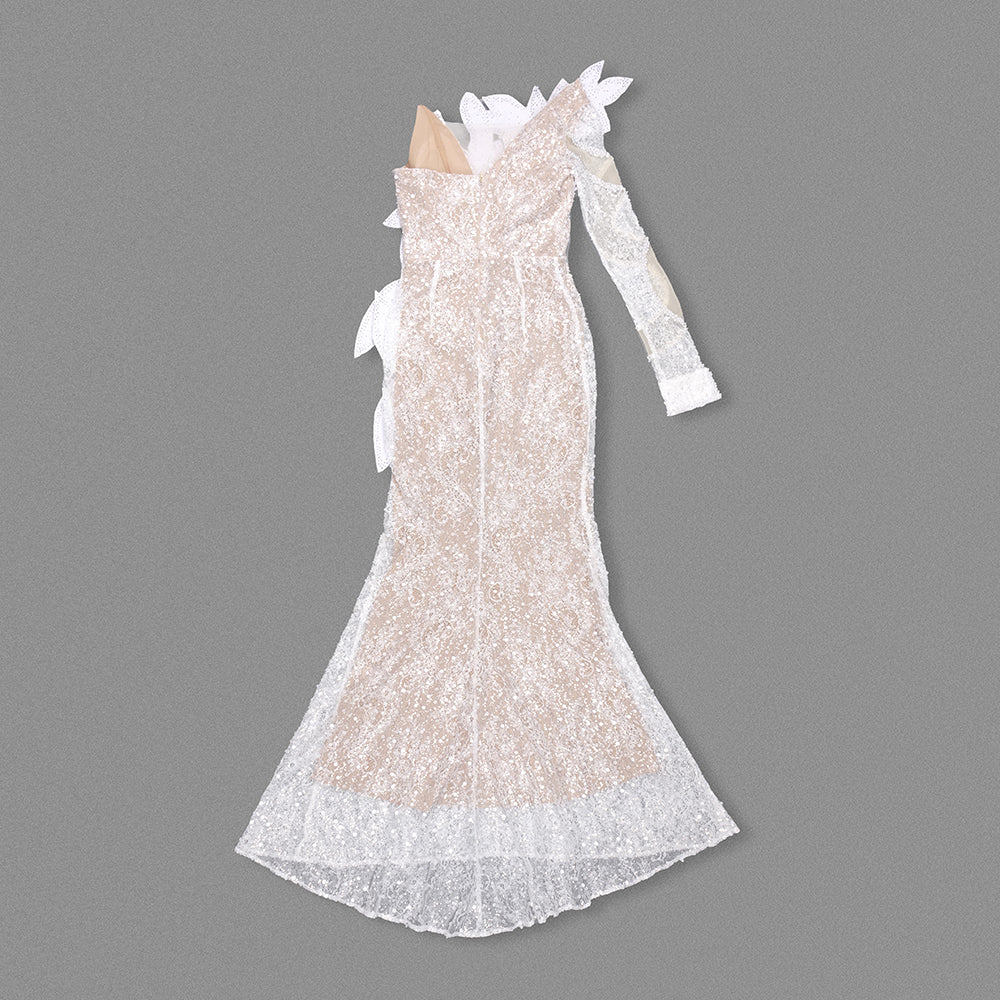 One Sleeve Pearl Sequin Floral Lace Maxi Dress White HV1629