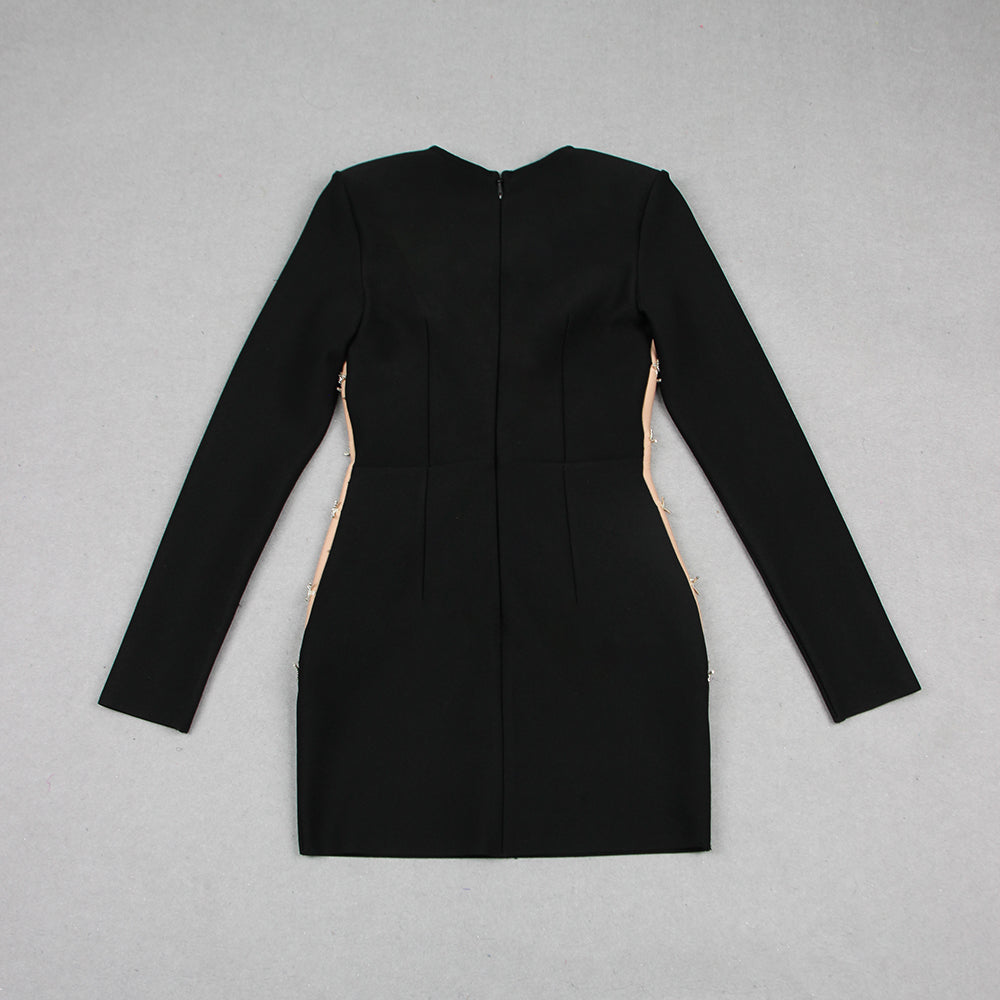 Long Sleeve Crystal Dress Black Nude HV9872