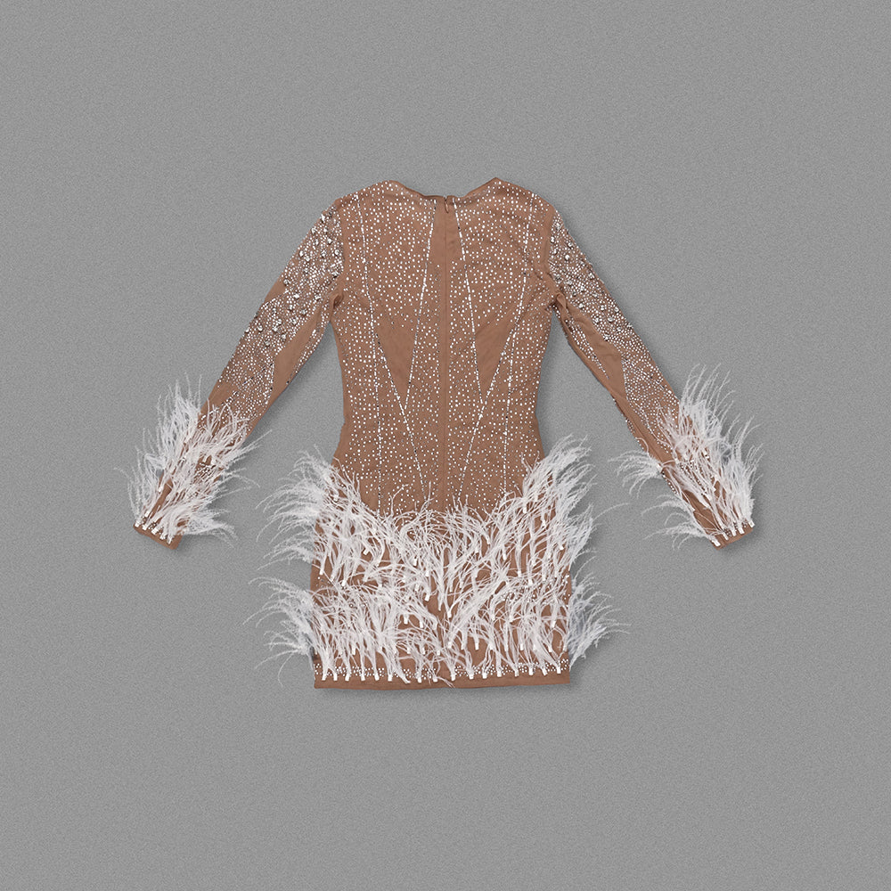 Long Sleeve Crystal Feather Dress Nude White HV1931