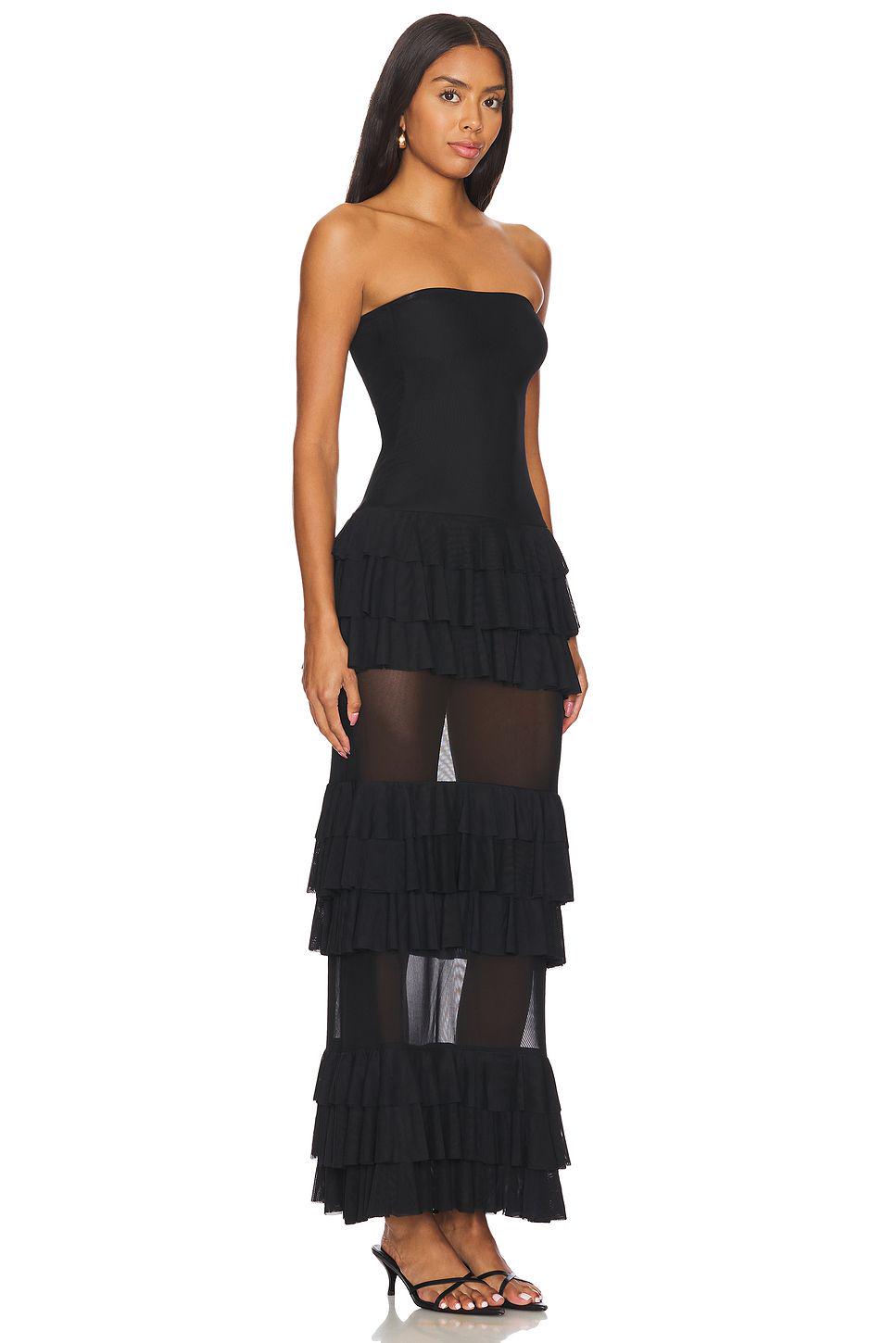 Strapless Ruffle Mesh Maxi Dress Black S025