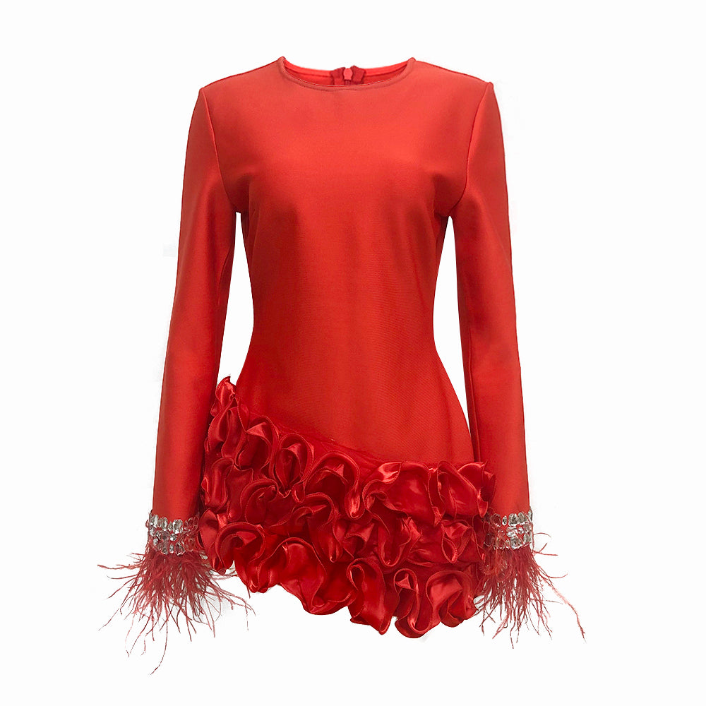 Crystal Feather Long Sleeve Ruffle Dress Red HV9972