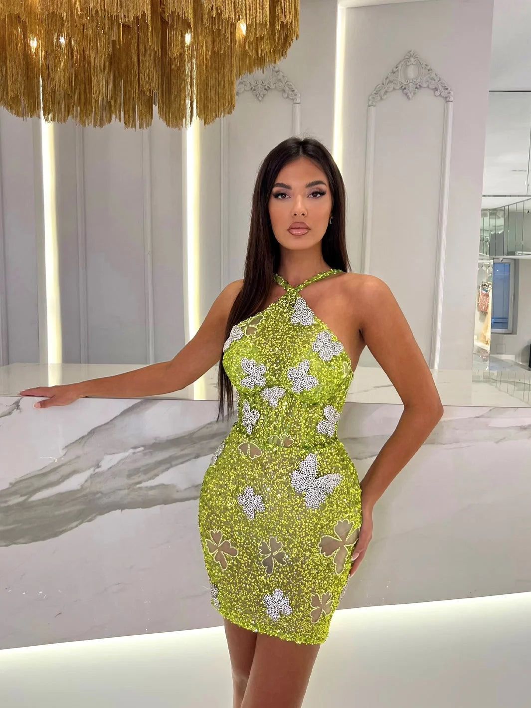 Halter Sequin Butterflies Dress Green HV1655