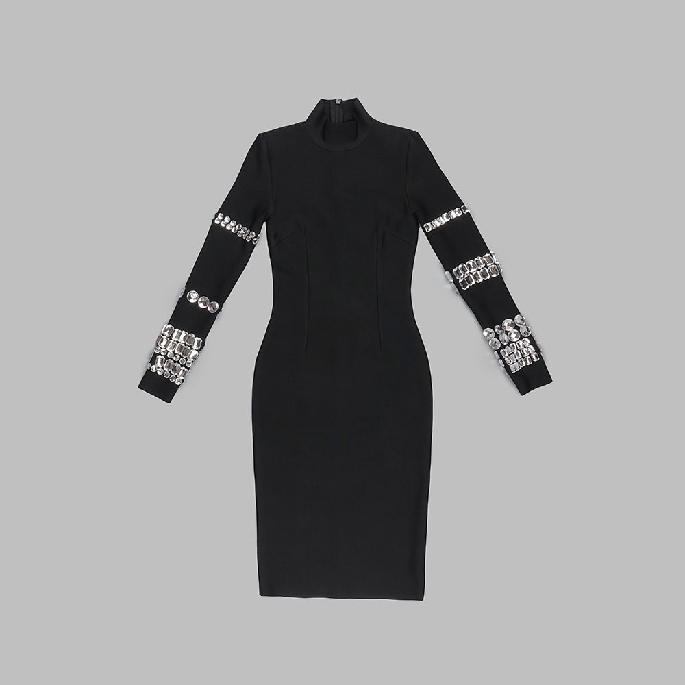 Crystal Long Sleeve Midi Dress Black HV9819