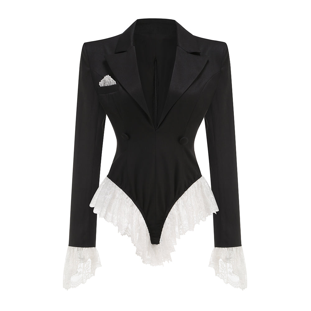 Long Sleeve Lace Bodysuit Black White HV1748