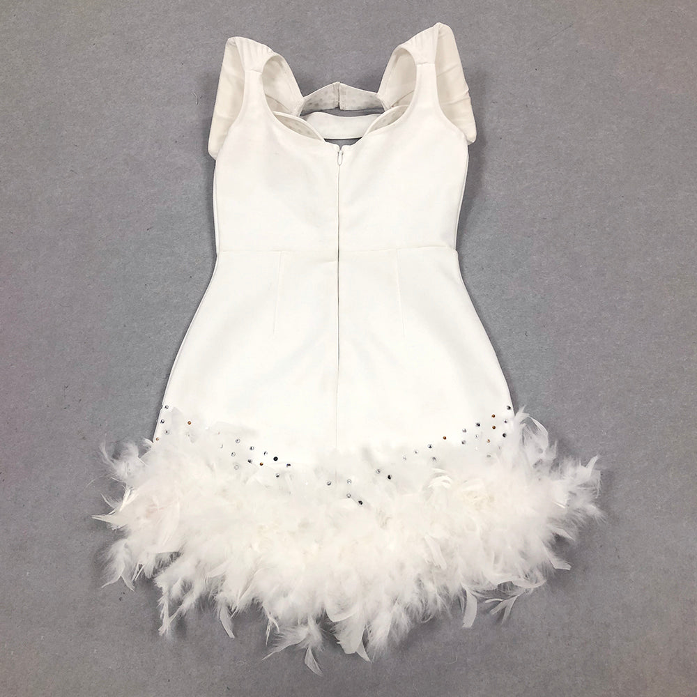 Crystal Embellished Feather Hem Dress White HV1471