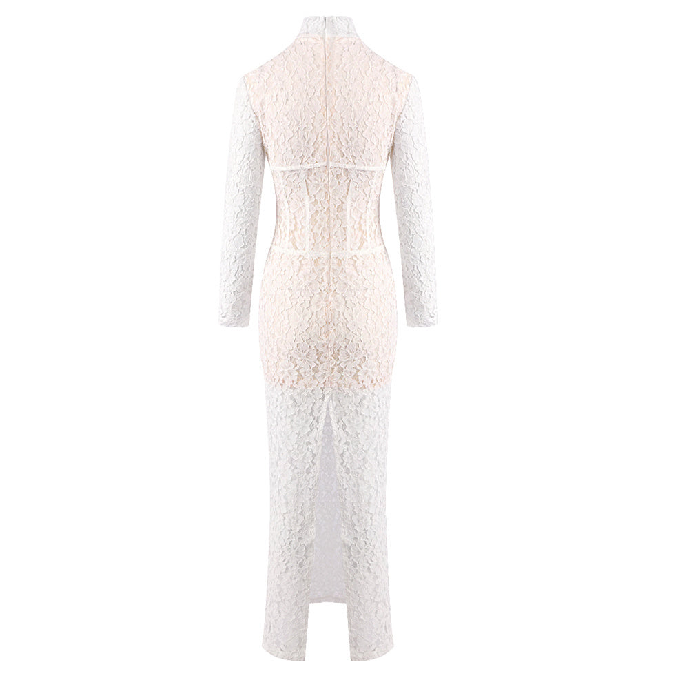 Long Sleeve Structured Lace Maxi Dress White HV2657