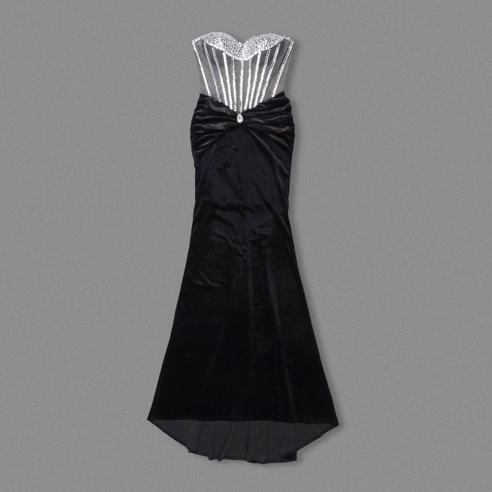 Strapless Crystal Corset Maxi Velvet Dress Black HV1918